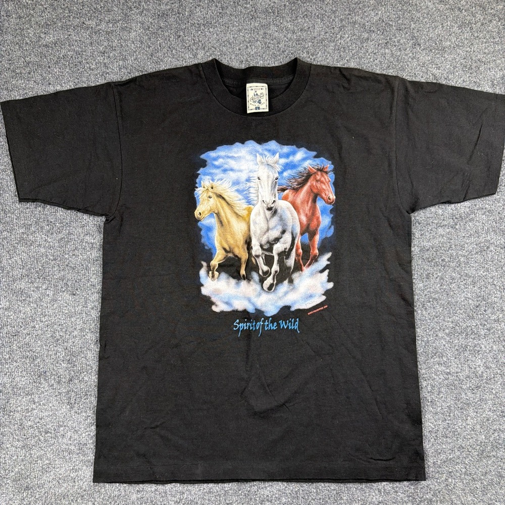 Alore Men's T-Shirt Spirit of the Wild Horses 3-D Size Large Black Single Stitch
